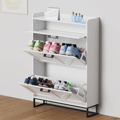 AVAWING Freestanding Farmhouse Shoe Cabinet - 2 Flip Drawers & Adjustable Shelves, Entryway Slim Storage with Side Hooks.
