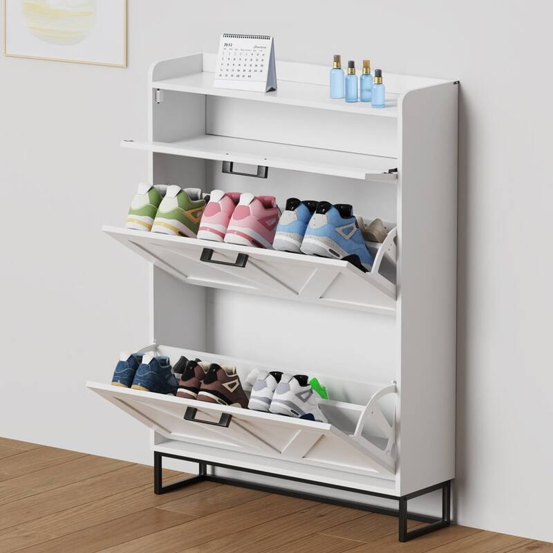 AVAWING Freestanding Farmhouse Shoe Cabinet - 2 Flip Drawers & Adjustable Shelves, Entryway Slim Storage with Side Hooks. - White.