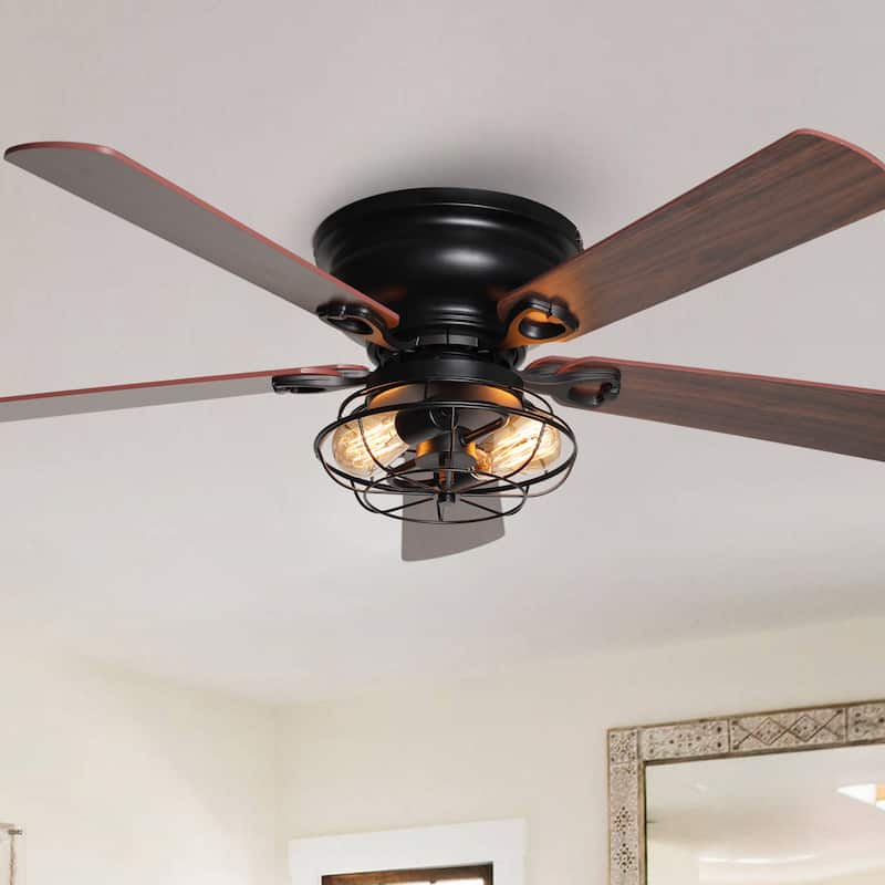 Industrial 48-in Wood 5-Blade Flush Mount Black Low Profile Ceiling Fan with Remote and Light Kit