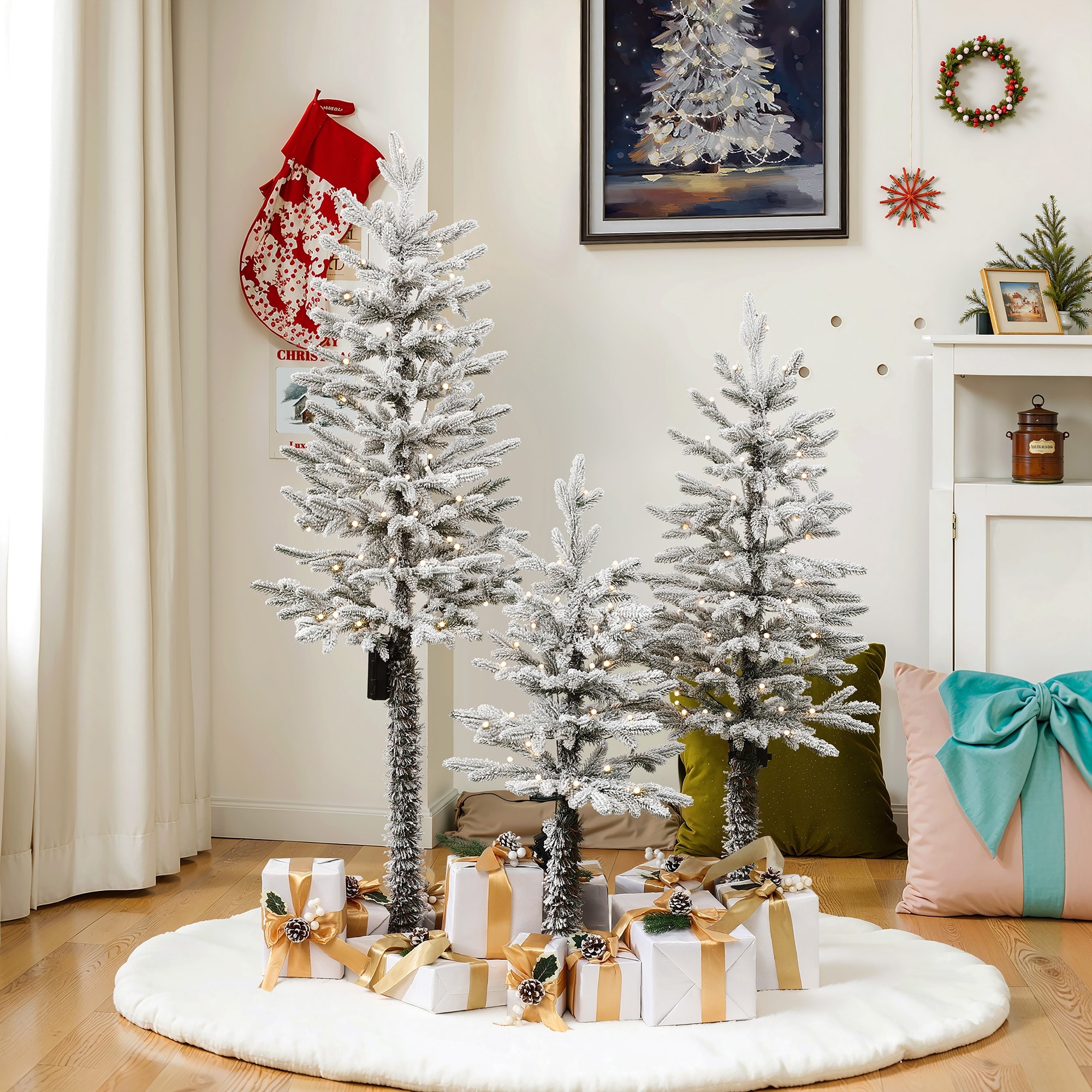 3-Piece Holiday Artificial Tree Sets with Lights and Flat Stand