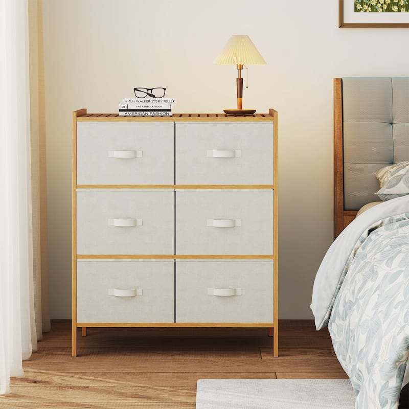 6-Drawer Wicker Dresser with Fabric Drawers Raised Legs Anti-Slip Feet for Home Organization