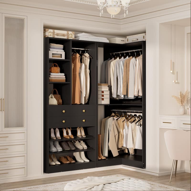 Set of 2/ 3 Coner Closet System with Shoe Racks and Drawers, Freestanding Closet Organizer with Hanging Rods and Shelves