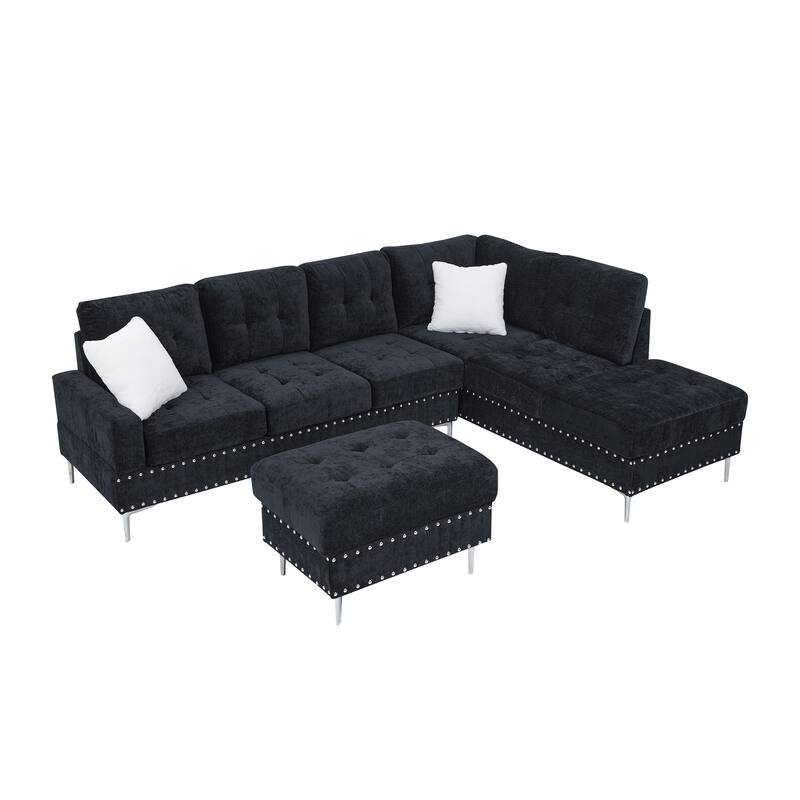 Roomfitters Sectional 3-Seater Sofa with Chaise, Storage Ottoman, Metal Legs, Nailhead Trim and Two Pillows