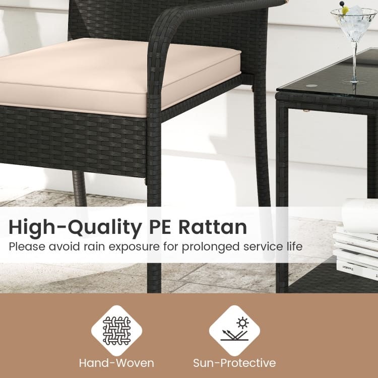 3 Piece Black PE Rattan Patio Set with Metal Frame, Cushions and Glass Table - Chair: 23" x 22.5" x 35"