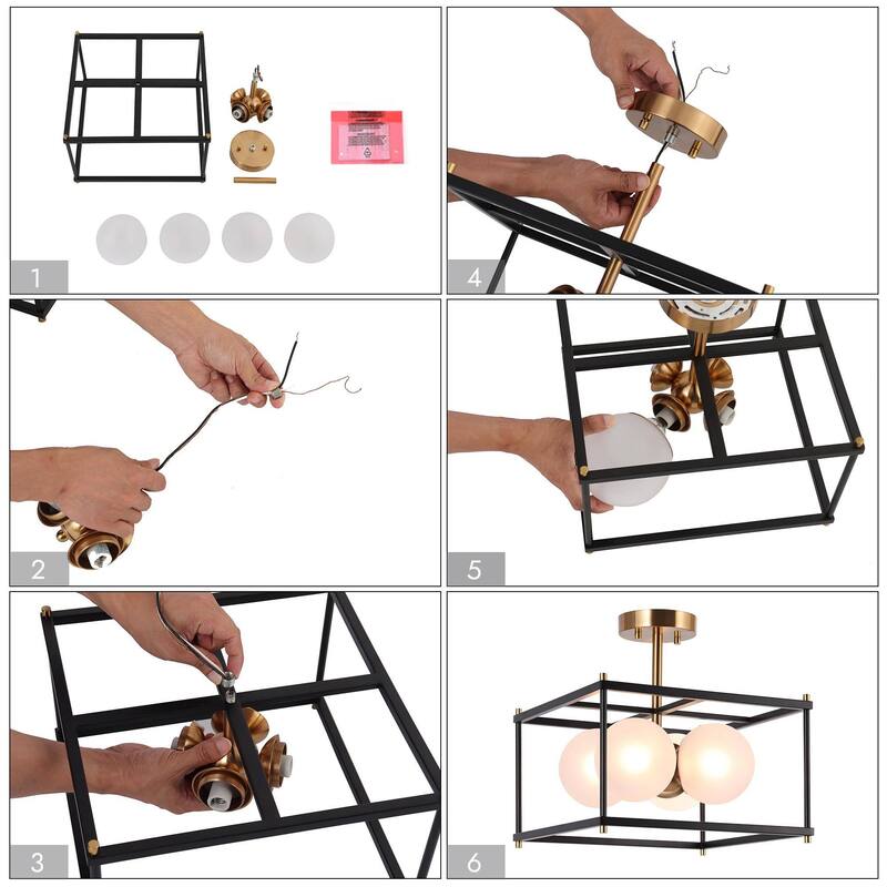 Modern 4-Light Black Gold Chandelier Square Semi Flush Mount Frosted Glass Ceiling Light for Kitchen - L13.5" x W13.5" x H13.5"