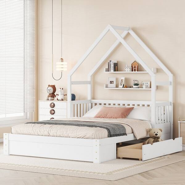 slide 2 of 20, Queen Size Wood House Bed, Kids Bed with Guardrail and 2 Drawers White