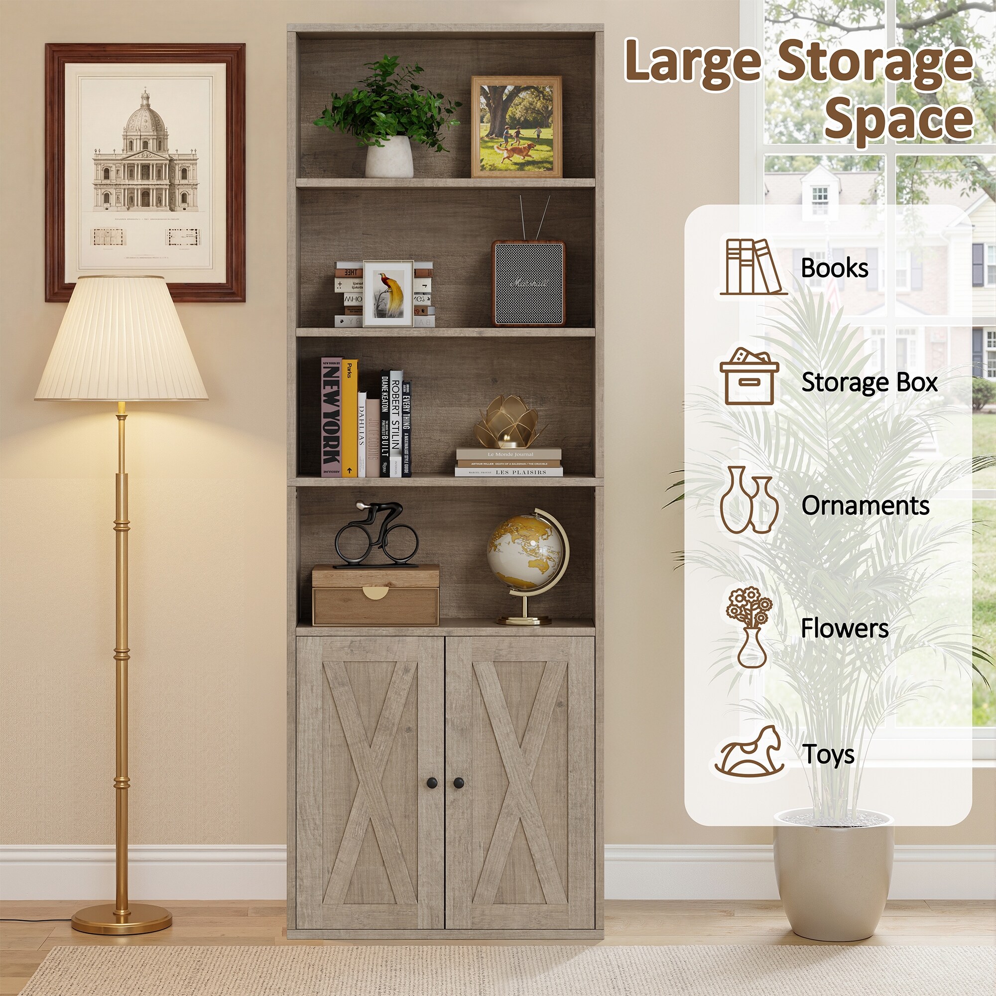 6-Tier Wood Bookcase, Storage Bookshelf with Doors - On Sale