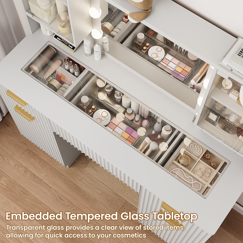 47" Modern Makeup Vanity Desk with Mirror and Large Cabinets, Dressing Table