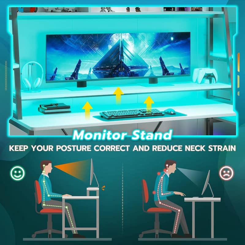 Gaming Desk LED Lights Hutch and Storage Shelves PC Gamer Desk