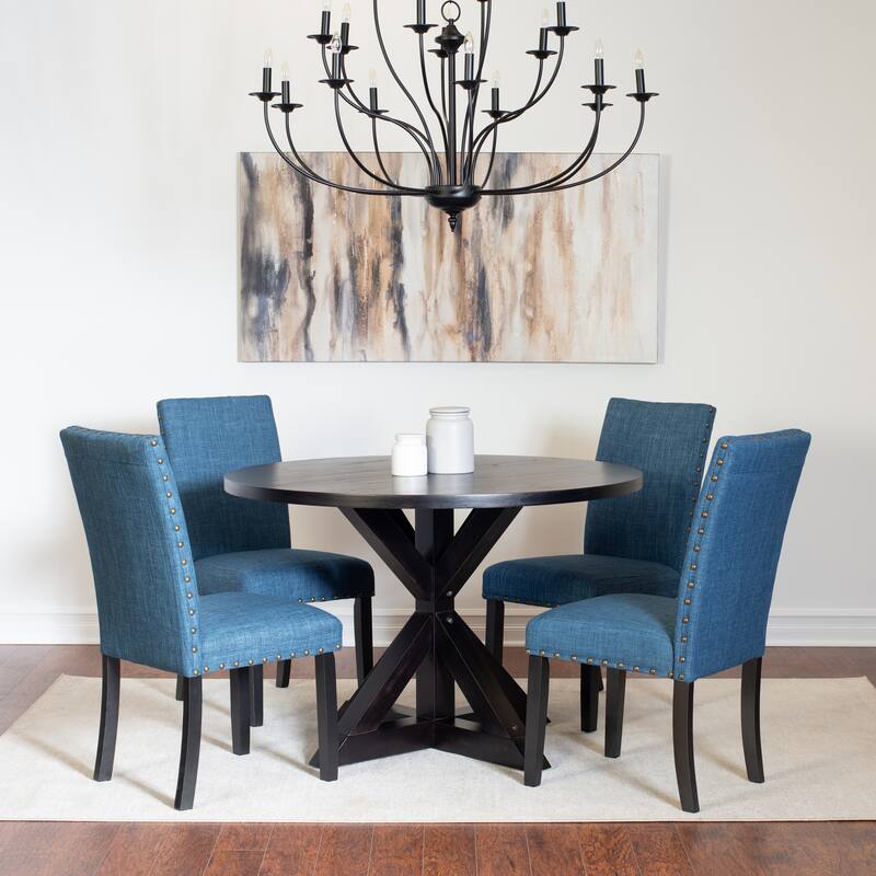 Farmhouse 5-Piece Dining Table Set with Blue Padded Dining Chairs - Black Blue