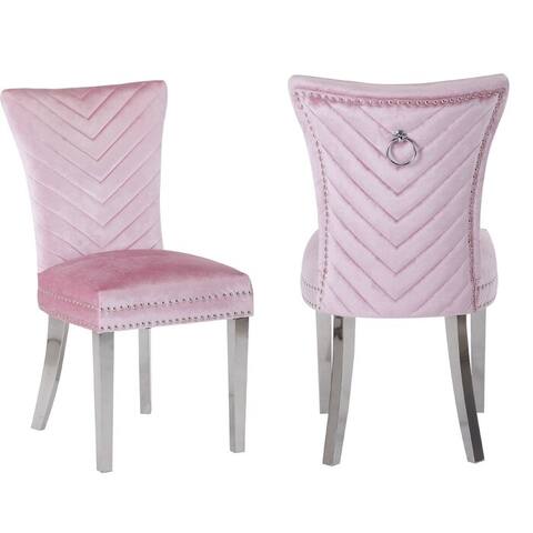 Set of 2 Pink Wood Dining Chairs, with Stainless Steel Legs and, Velvet Upholstered, Studded Stroke and Back Ring Decoration