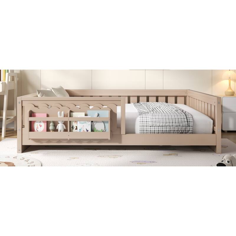 Roomfitters Full Size Wood Platform Bed with Guardrail and 2 Bookshelves