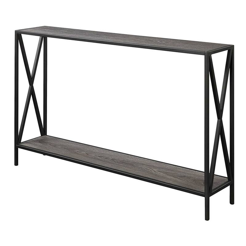 Weathered Grey Wood Console Sofa Table with Bottom Shelf and Metal Frame - 47.2"L x 9'W x 29"H