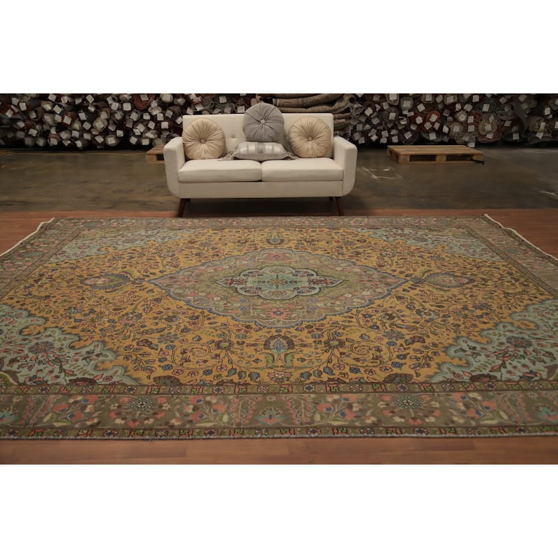 Hand Knotted Oriental 100% Wool Carpet Traditional Floral Oranges & Rust Tabriz Area Rug - 12' 7'' X 9' 10''