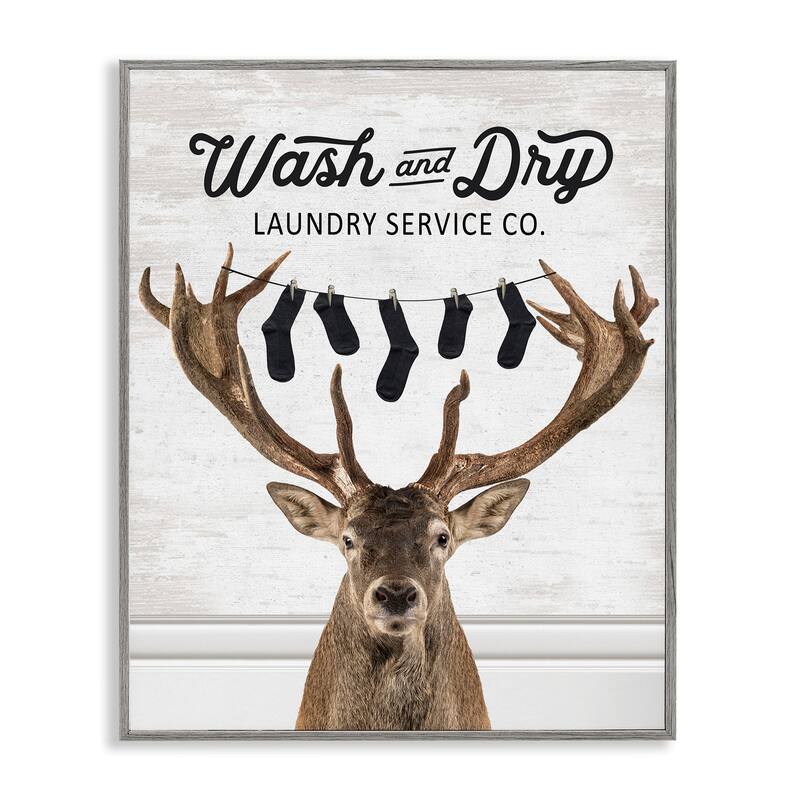 Stupell Vintage Laundry Elk Clothesline Framed Giclee Art Design By Lettered and Lined - 11 x 14 - Grey