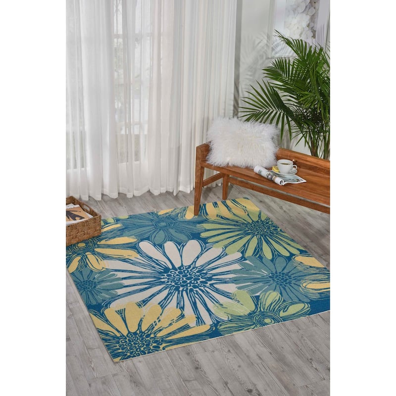 Ogunquit Indoor/Outdoor Abstract Floral Modern Rug by Havenside Home - 5'3" Square - Blue/Yellow