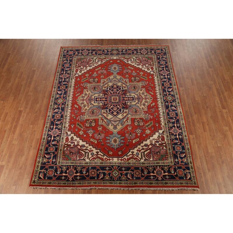 Geometric Heriz Serapi Oriental Area Rug Hand-Knotted Wool Carpet - 7'10"x 9'10"