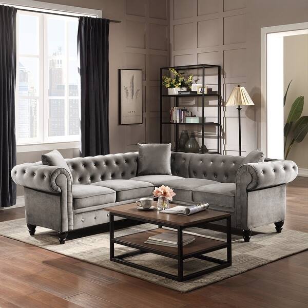 slide 2 of 9, Modern Deep Button Tufted Velvet Upholstered Rolled Arm Classic Chesterfield L Shaped Sectional Sofa 3 Pillows Included-Grey Grey