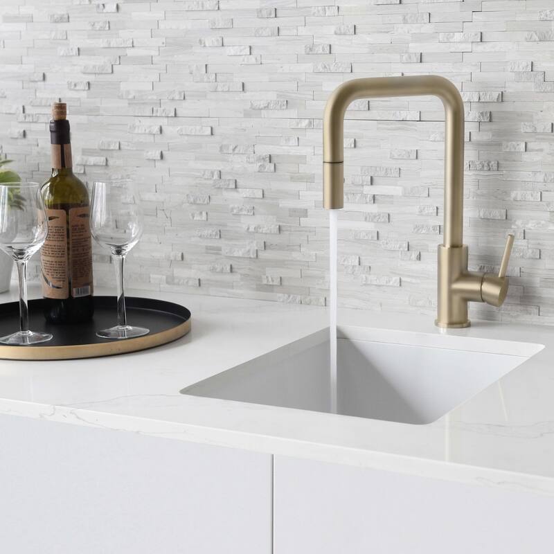 STYLISH Kitchen Sink Faucet Single Handle Pull Down Dual Mode in Stainless Steel - Faucet Height: 14 3/8" | Spout Height: 7 7/8" - Brushed Gold