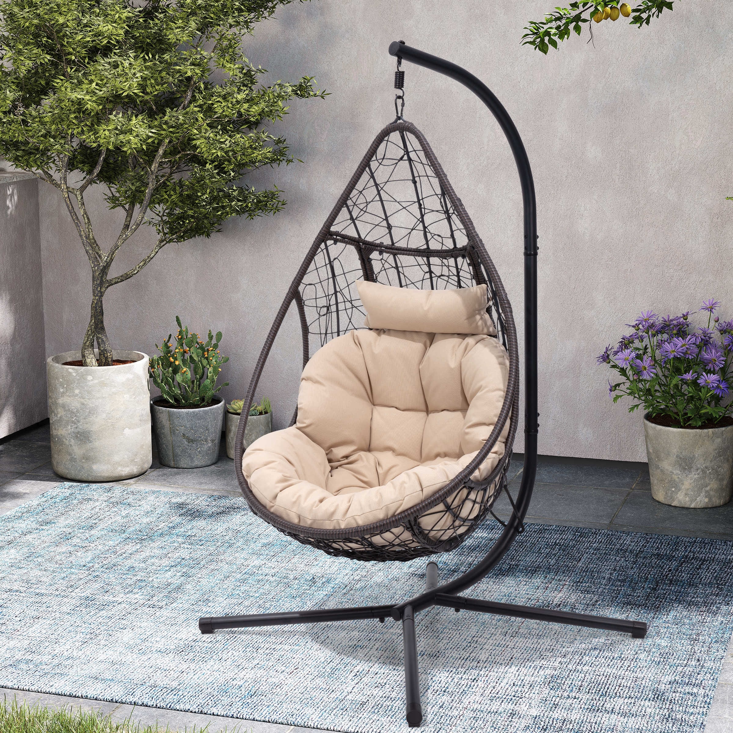 Double Swing Egg Chair with Stand Large Hand Woven Wicker Rattan Hanging Chair Porch Loveseat with Cushion and Steel Stand Bed Bath Beyond 40411981
