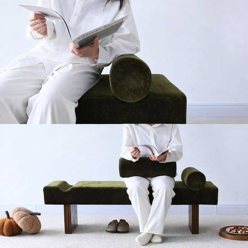 60" Upholstered Bedroom and Entryway Bench with Bolster Pillows