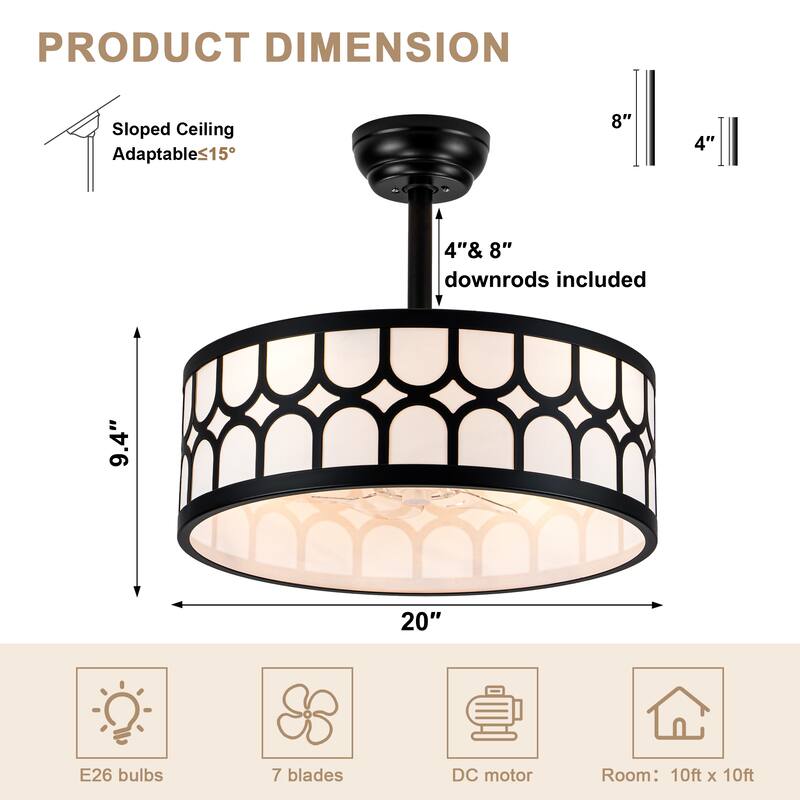 Bella Depot 20" Modern Black Drrum Ceiling Fan with Light and Remote 6-speed