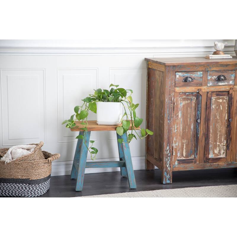 White or Blue Wood Stool with Brown Wood Top - 20 x 14 x 18 - Blue