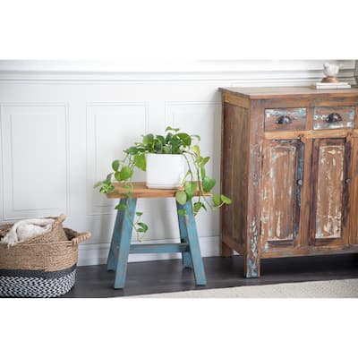 White or Blue Wood Stool with Brown Wood Top - 20 x 14 x 18