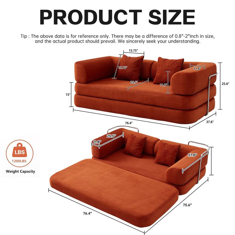 Convertible Floor Sofa Bed, 5-in-1 Modular Compressed Couch with Blanket Pillow, Corduroy Foam Sleeper