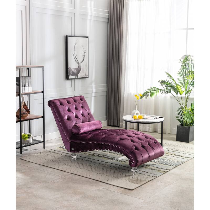 Leisure Concubine Sofa with Acrylic Feet, Traditional Chaise Velvet Barrel Sofa with Lumbar Support Pillow for Living Room