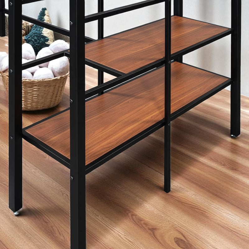 Twin Size Metal Loft Bed with Grid Storage Shelf and 4-Tier Lateral Ladder Shelves
