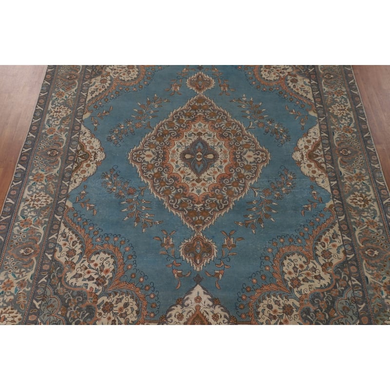 Over Dyed Tabriz Persian Vintage Rug Handmade Blue Wool Carpet - 9'10"x 12'11"