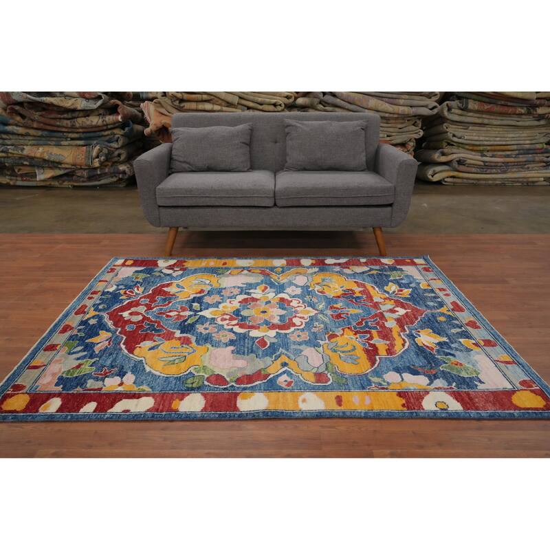 Hand Knotted Oriental 100% Wool Carpet Transitional Floral Navy Blue & Blues Oushak Area Rug - 6' 6'' X 4' 11''