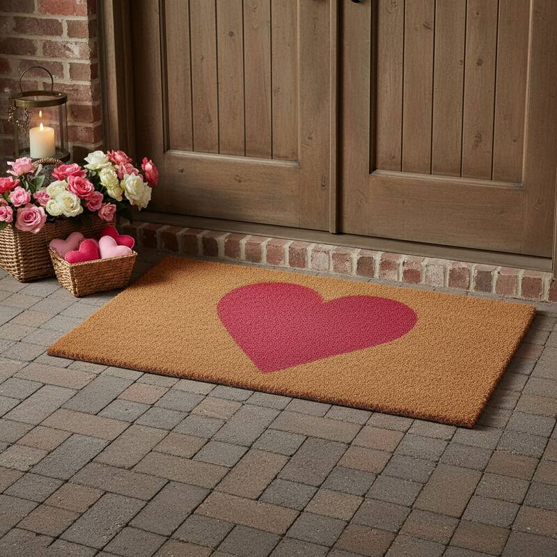 HomeRoots 30" X 48" Brown And Pink Heart Outdoor Coir Door Mat - 30.00' X '48.00 - 30.00' X '48.00