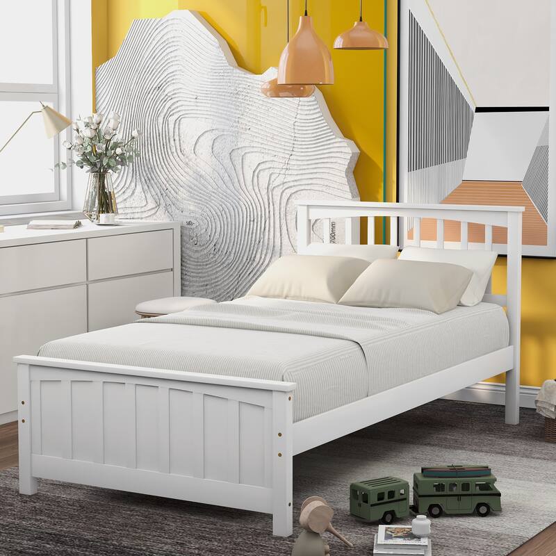 Twin Size White Wood Platform Bed with Headboard and Footboard - White