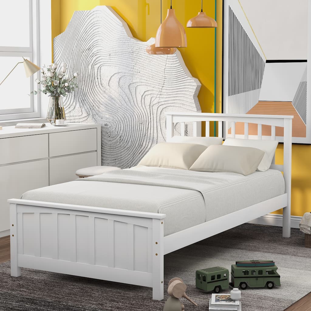 Twin Size White Wood Platform Bed with Headboard and Footboard