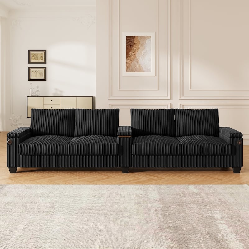 4-Seater Modern Corduroy Sofa Couch with USB Ports, Hidden Storage, and Flip-Top Cup Holders - Black