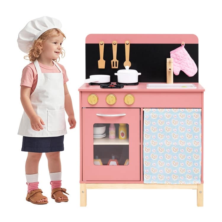 Pink Solid Wood Kids Kitchen Playset with Accessories and Storage - 21" × 11.5" × 29"
