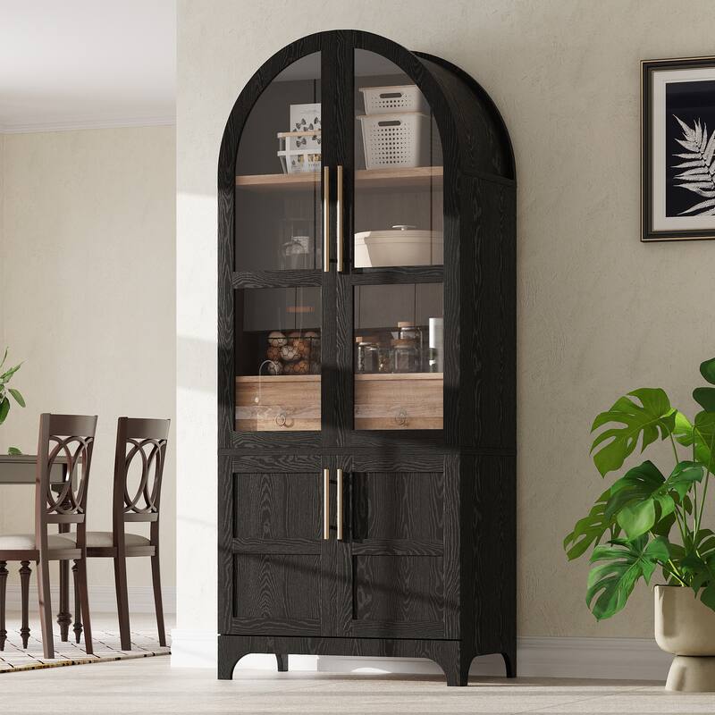 Anmytek 71" Farmhouse Arched Kitchen Pantry Cabinet Black with Glass Doors and Adjustable Shelves - Black