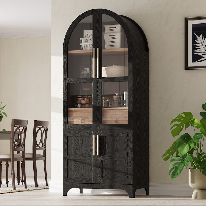 Farmhouse Arched Pantry Cabinet - 71" Tall Kitchen Storage with Adjustable Shelves, Glass Door & Hidden Drawer - Black
