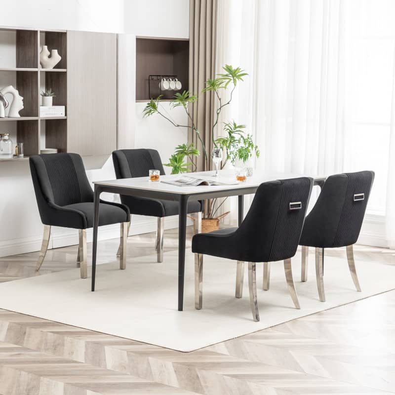 Modern Contempoary Velvet Dining Chair Set of 4 with Metal Frame Legs and Back Pull - Black