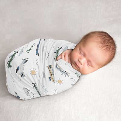 Sweet Jojo Designs Green Vintage Airplane Boy Baby Swaddle Receiving Blanket - Transportation Clouds Sun Sky Aviator Aviation