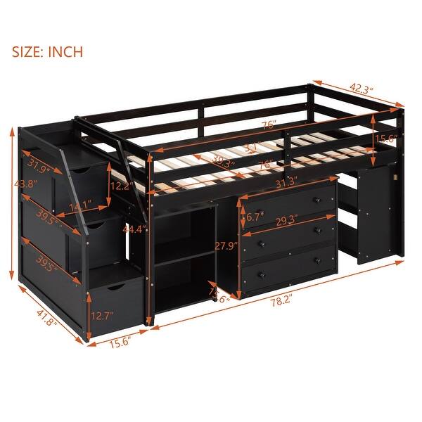 dimension image slide 1 of 2, Espresso Twin Size Wooden Loft Bed with Retractable Writing Desk and 3 Drawers, Storage Stairs and Shelves