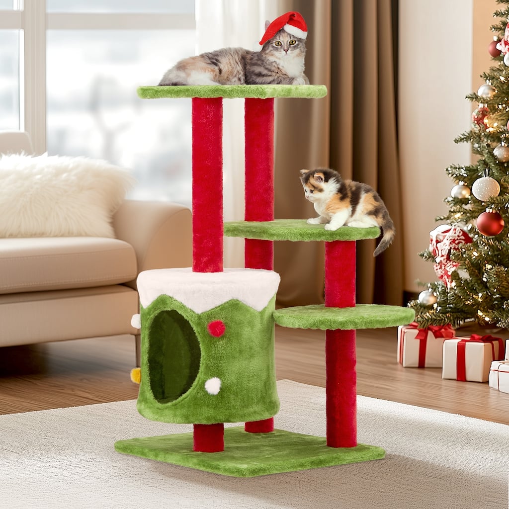 Christmas Themed Cat Tower With Cat Condo, 3-Level Plush Cat Tree Activity Center For Indoor Cats - (27.6 x 23.6 x 32.7) in