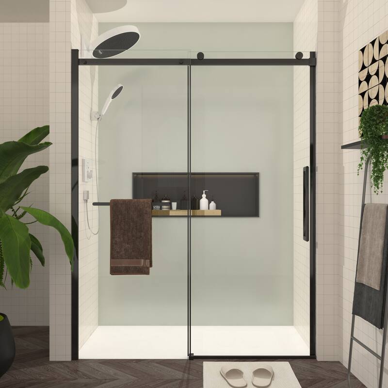 GDFStudio - 76'' H Frameless Sliding Glass Shower Door with Handle and Towel Bar, Easy-Clean Tempered Glass Panels - Matt Black - Sliding Shower Door