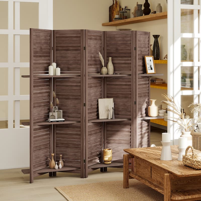 HOMCOM 5 Panel 67" Tall Wood Room Divider, Privacy Screen with 3 Display Shelves, and Folding Storage for Bedroom or Home Office - Brown