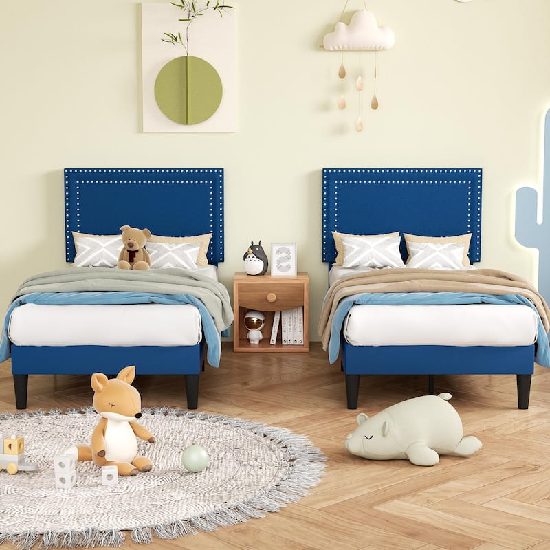 VECELO Twin Size Kids Beds Set of 2 Adjustable Headboard Soft Upholstered Headboard with Rivet Detail 8" Underbed Storage - Dark Blue