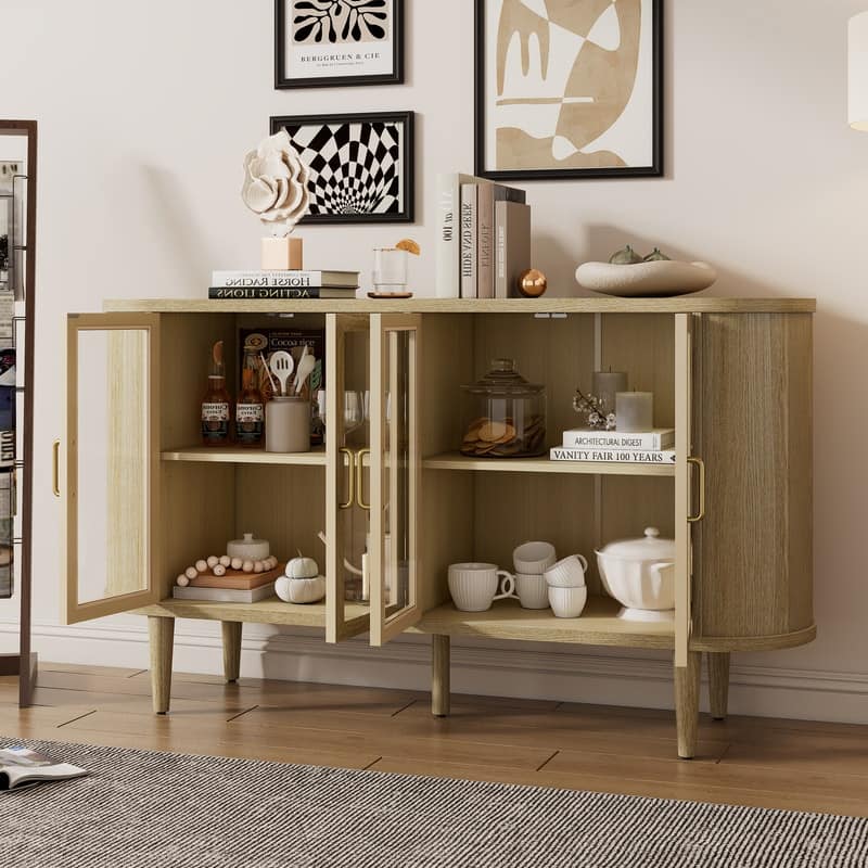 Wooden Farmhouse-Style Sideboard Buffet Cabinet with Glass Doors and Adjustable Shelves for Kitchen, Dining Room. - Natural
