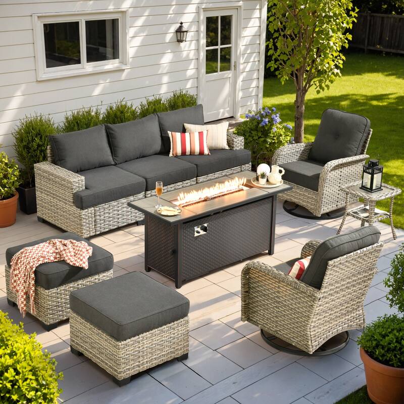 OVIOS 9 Pieces T shaped Seat Curved Swivel Chair Set With Fire Pit - Black