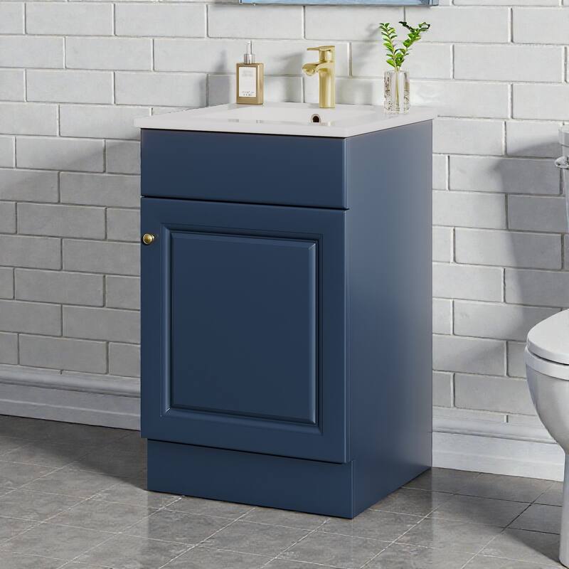 20 Inch Bathroom Vanity with Ceramic Sink, Freestanding Cabinet with Door Shelf and Adjustable Interior Shelf - Blue